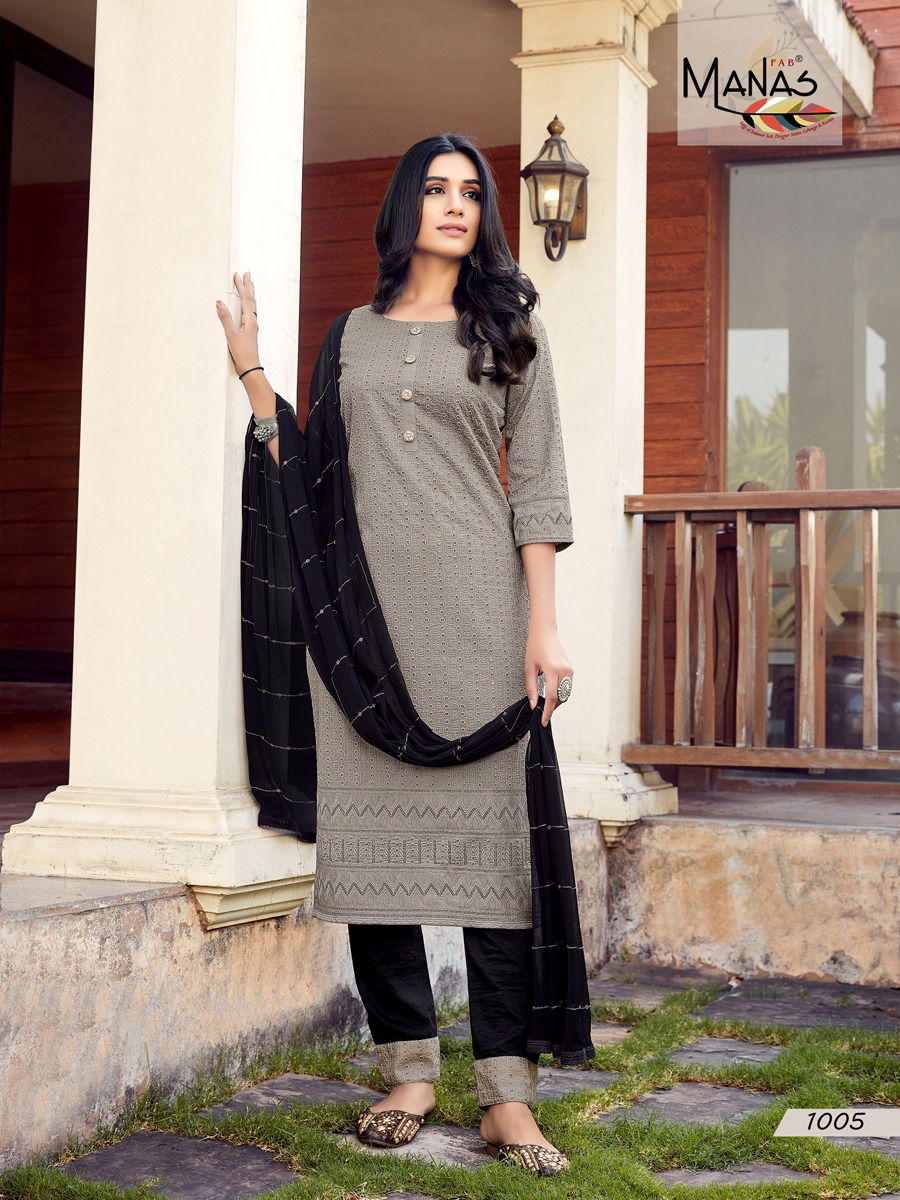 Manas Bombay Schiffli Designer Festive Wear Kurti With Pant And Dupatta Readymade Collection
